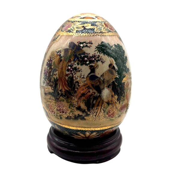 Vintage Satsuma Hand Painted Porcelain Egg Peacock & Floral Gilded 5" - Picture 2 of 7